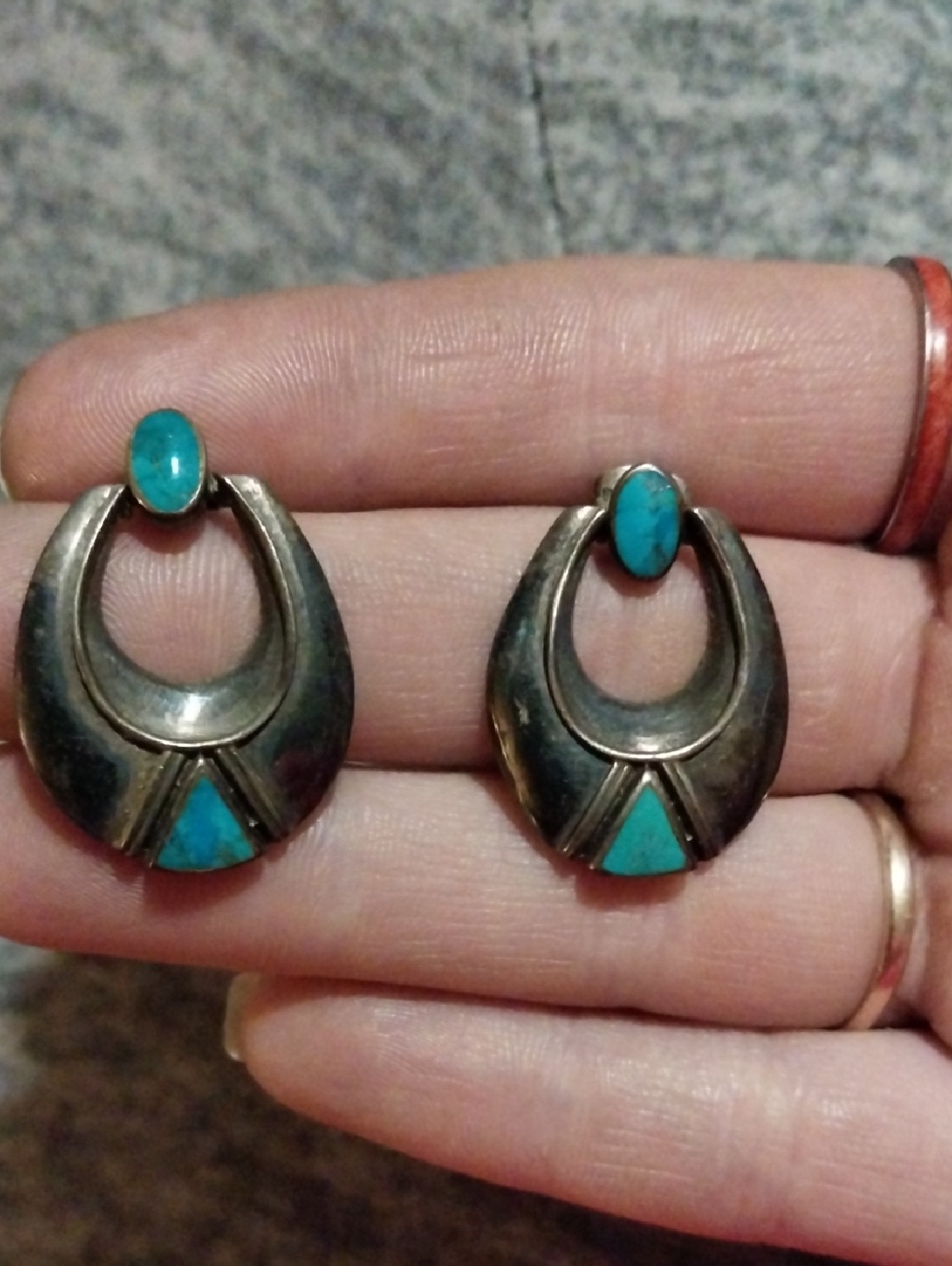Vtg. Navajo Turquoise Accent Sterling Cresent Drop Earrings
